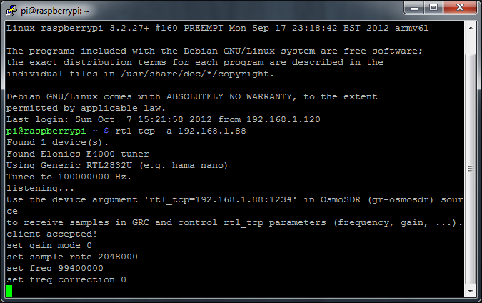 Example of command line output seen from RTL_TCP